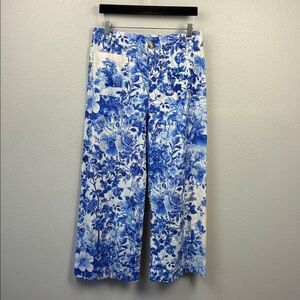 Maeve Colette Linen Pants Blue/White Floral Toile High Rise Wide Leg Pockets 29